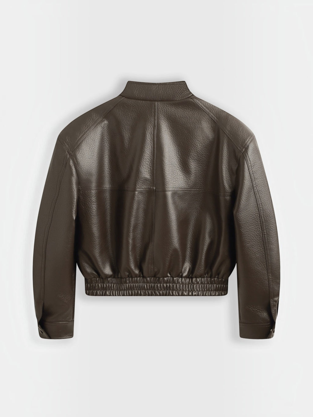 Back view of a chocolate brown Copperose faux leather cropped jacket with a stand collar and elasticated hem by BROCK
