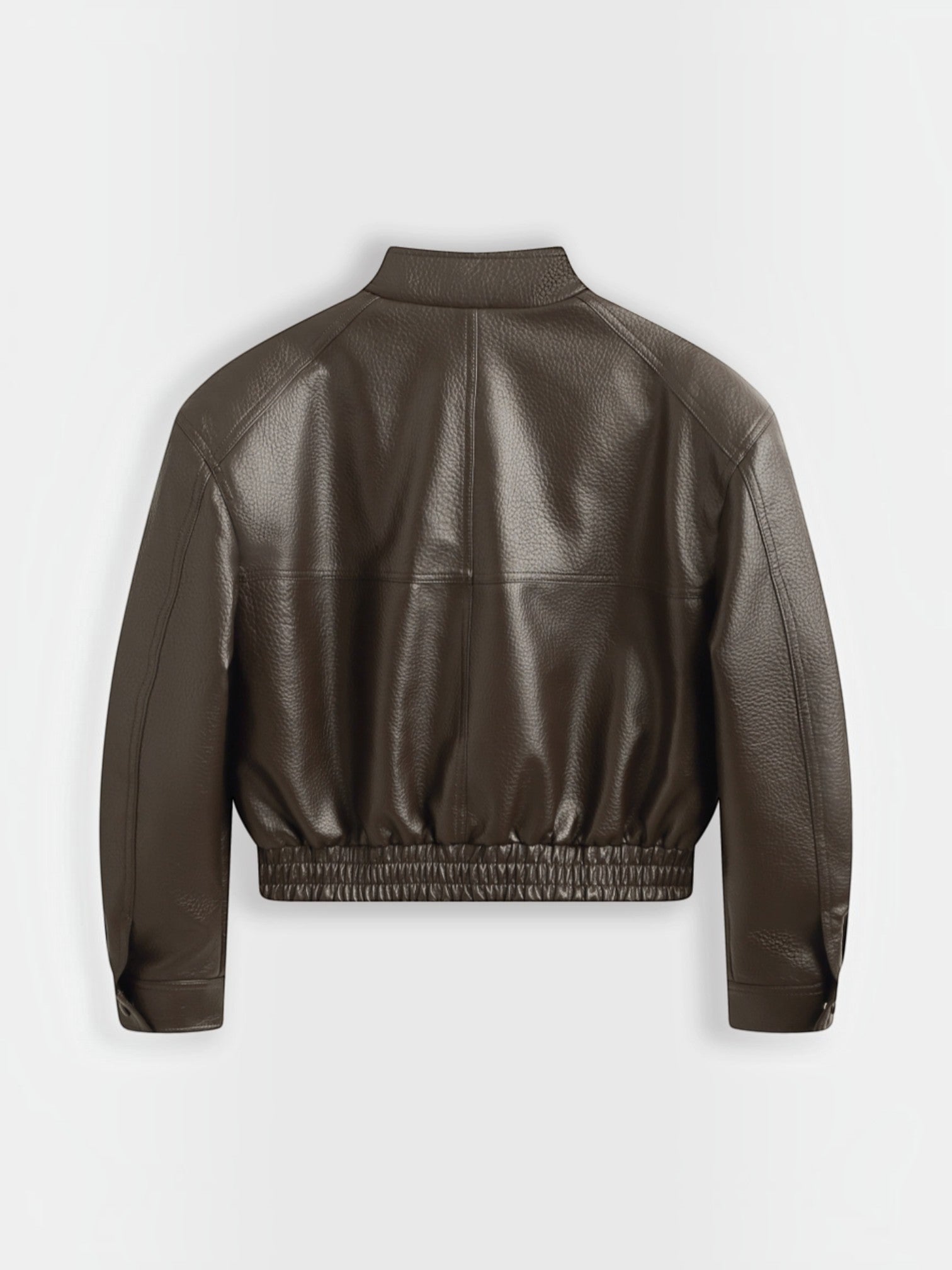 Back view of a chocolate brown Copperose faux leather cropped jacket with a stand collar and elasticated hem by BROCK