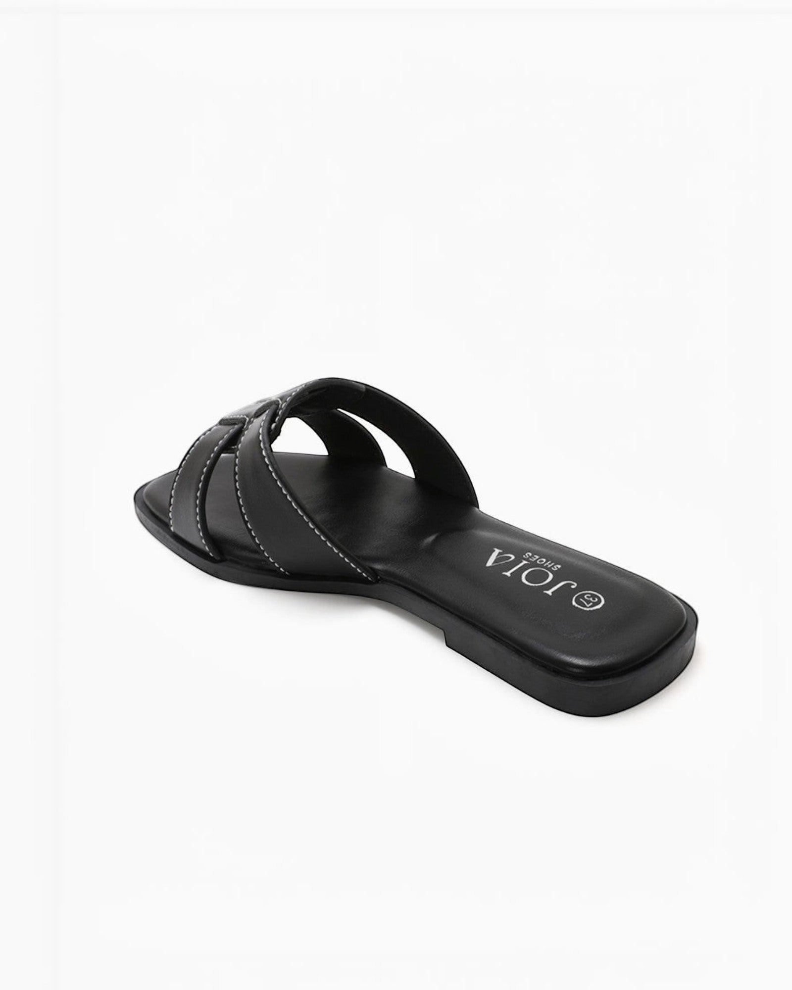 BROCK JOIA PARIS claquette plate noire en cuir synthétique à brides découpées et surpiqûres blanches