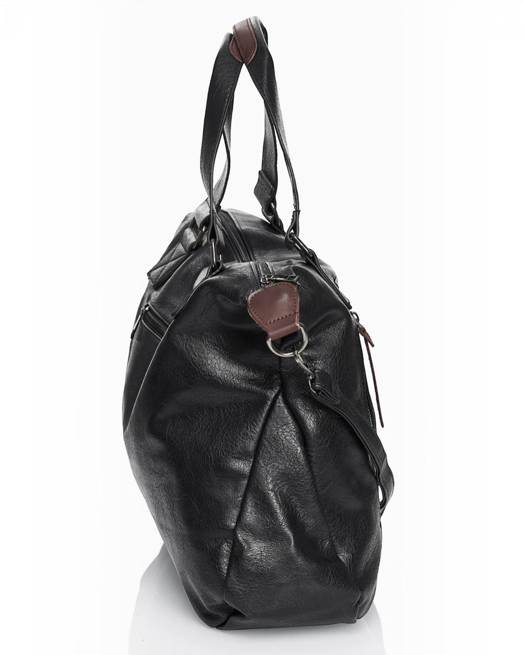 BROCK COLMA large black faux leather tote bag with side view, featuring decorative zipper tassels and sturdy handles.