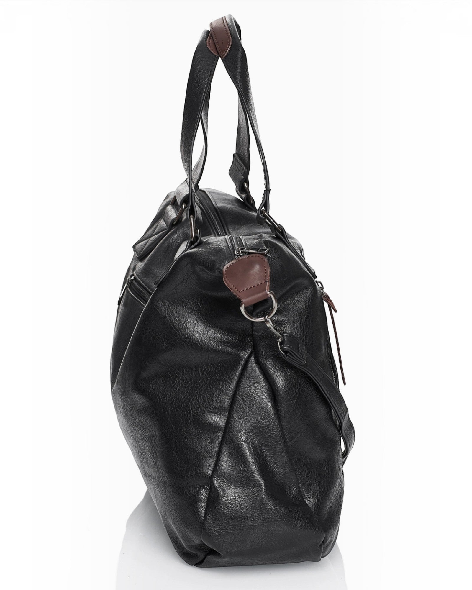 BROCK COLMA large black faux leather tote bag with side view, featuring decorative zipper tassels and sturdy handles.