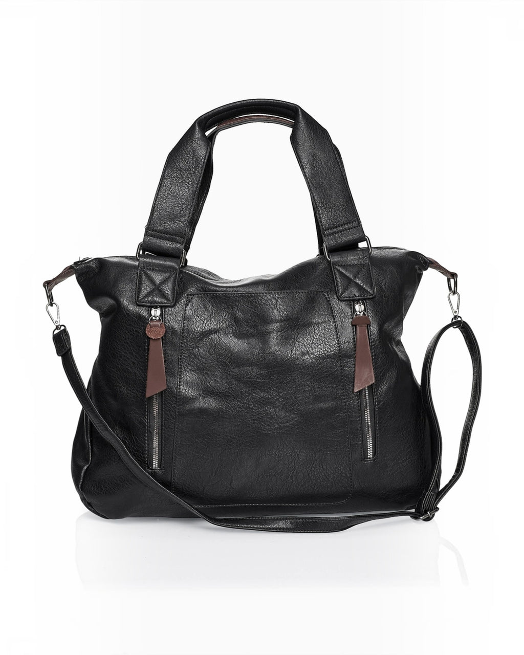 BROCK COLMA large black faux leather tote bag with decorative zipper tassels, dual handles, and adjustable strap.