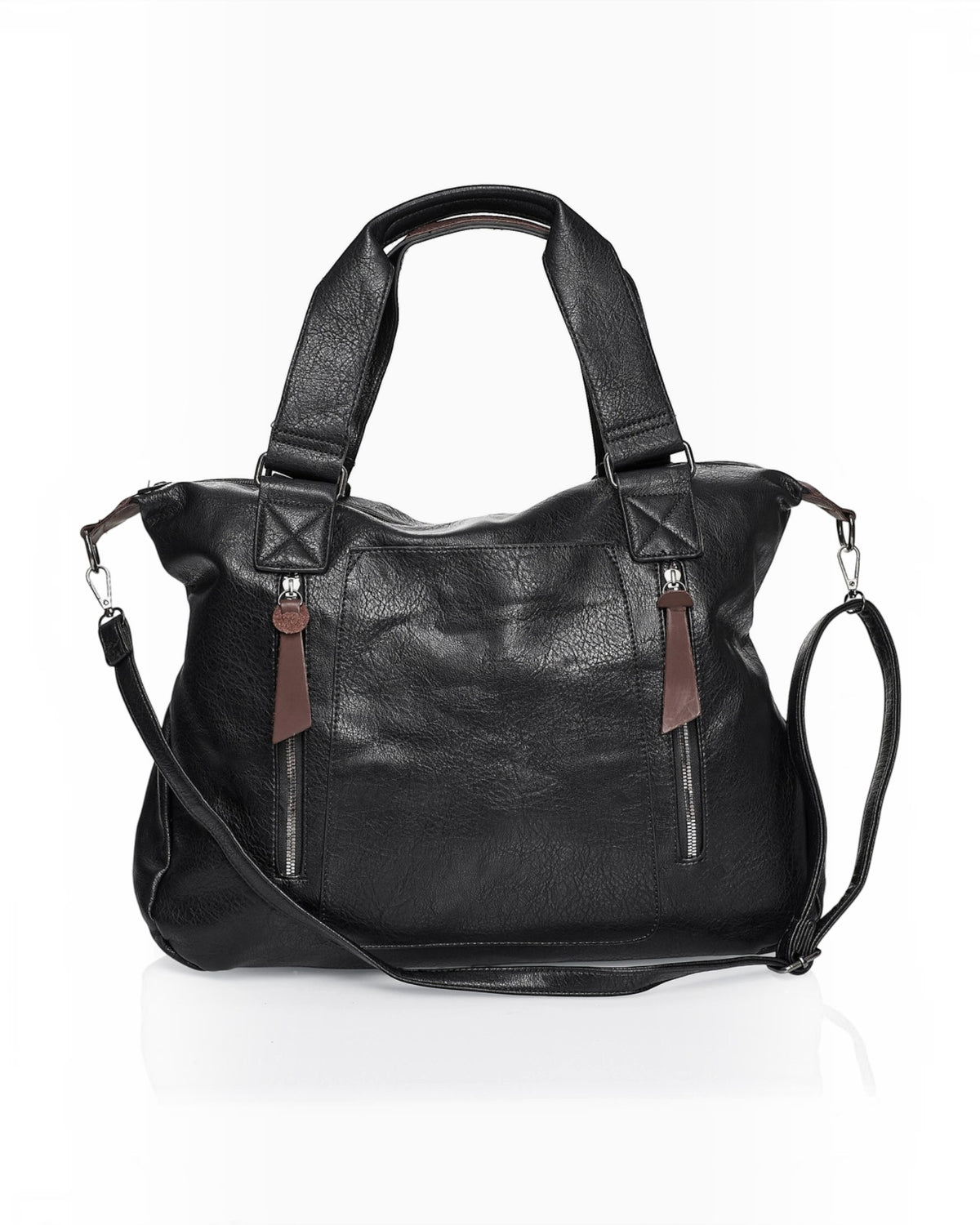 BROCK COLMA large black faux leather tote bag with decorative zipper tassels, dual handles, and adjustable strap.