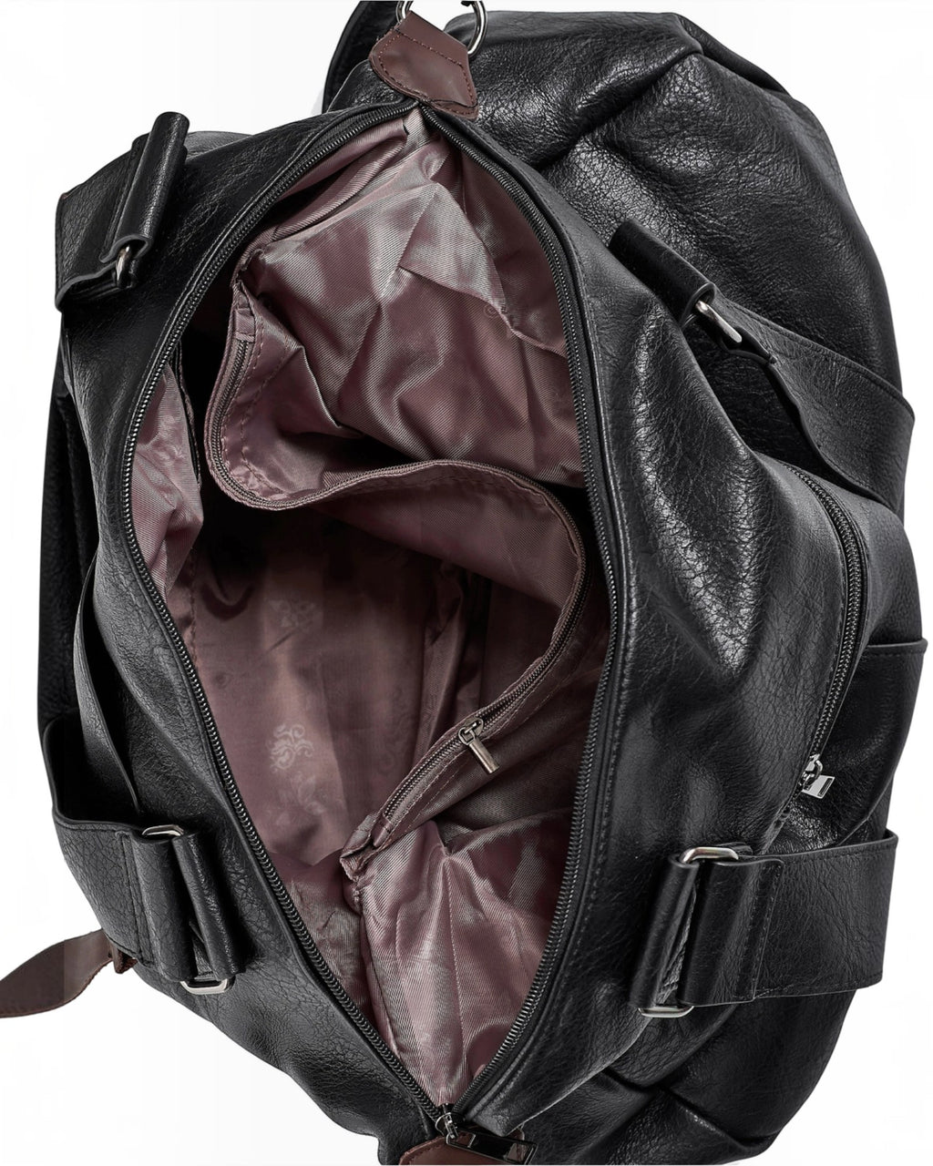 BROCK COLMA large black faux leather tote bag with open main compartment, interior pockets, and zipper details.