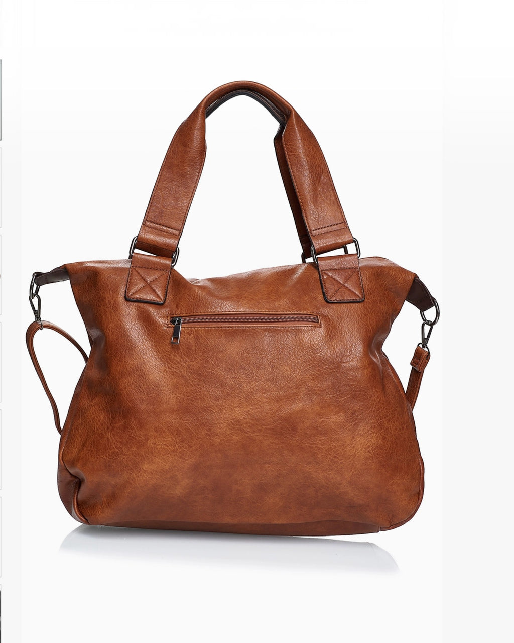BROCK COLMA large cognac faux leather tote bag with sturdy handles and a back zipper pocket.