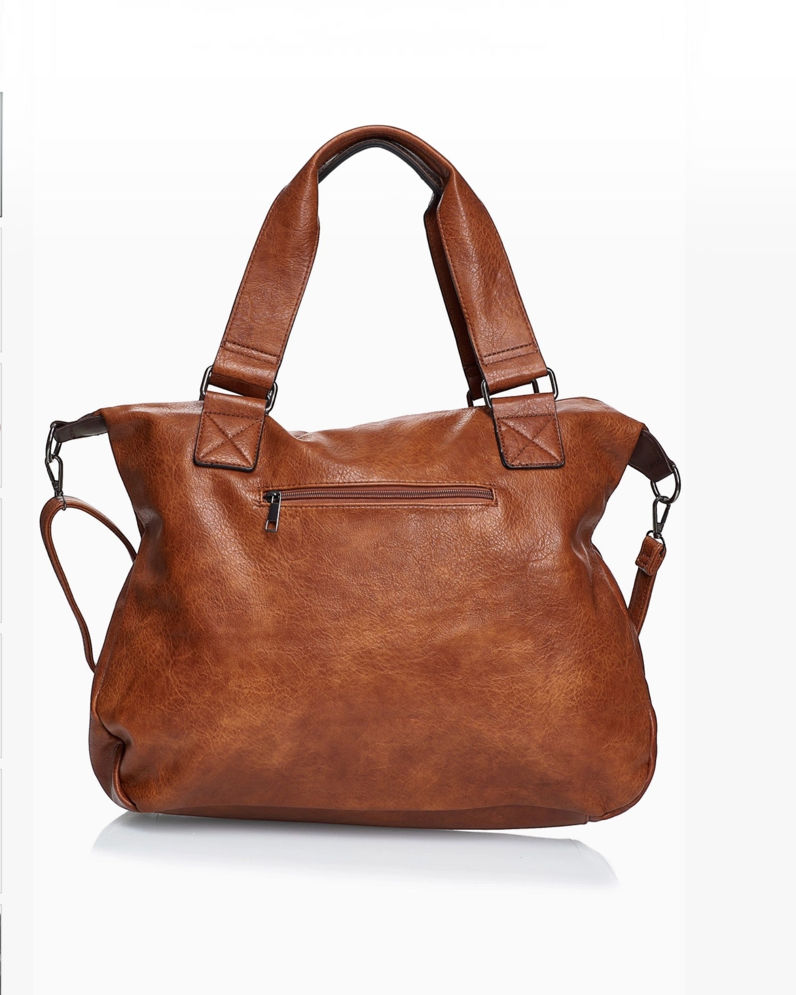 BROCK COLMA large cognac faux leather tote bag with sturdy handles and a back zipper pocket.