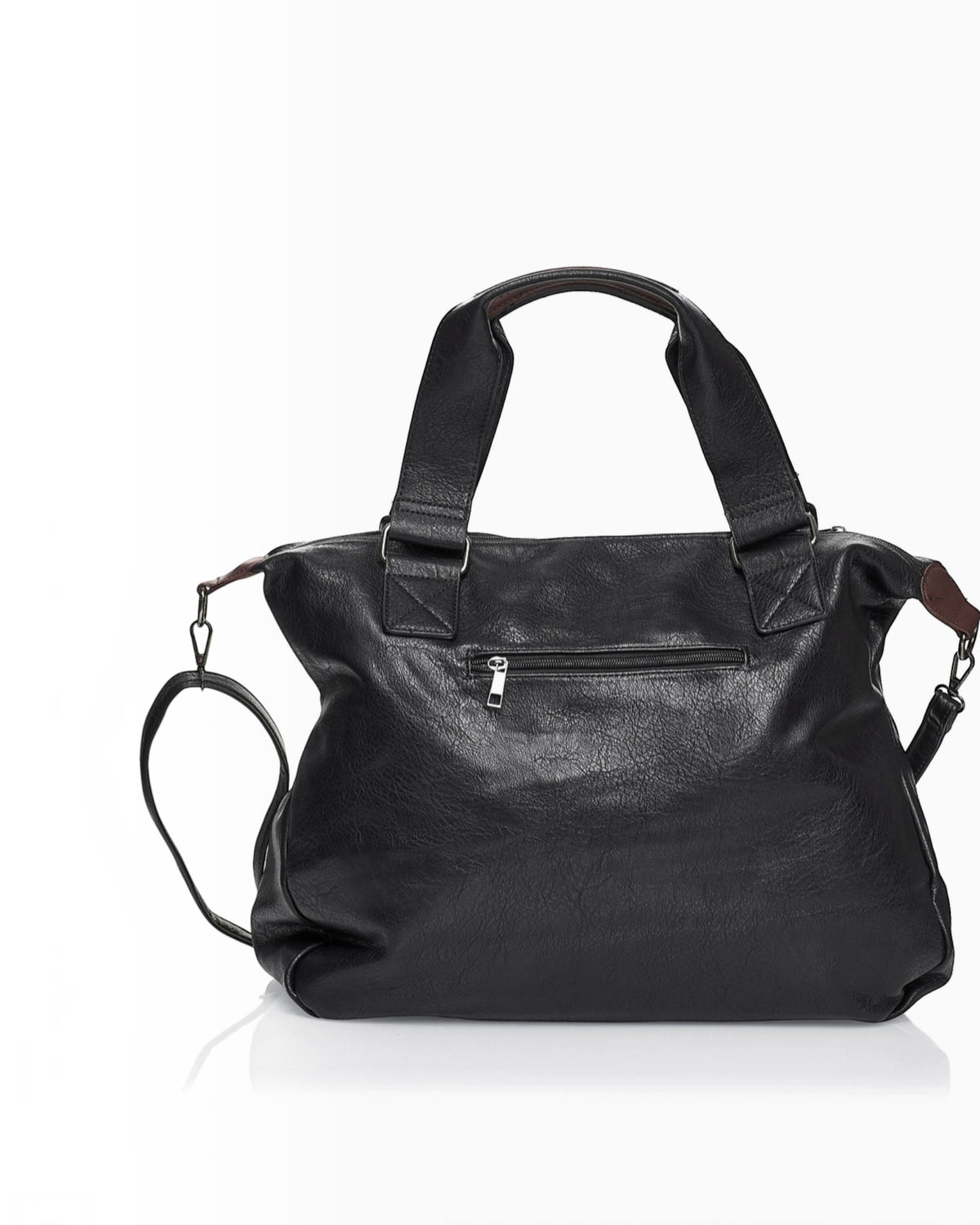 BROCK COLMA large black faux leather tote bag with sturdy handles, adjustable shoulder strap, and zipper details.