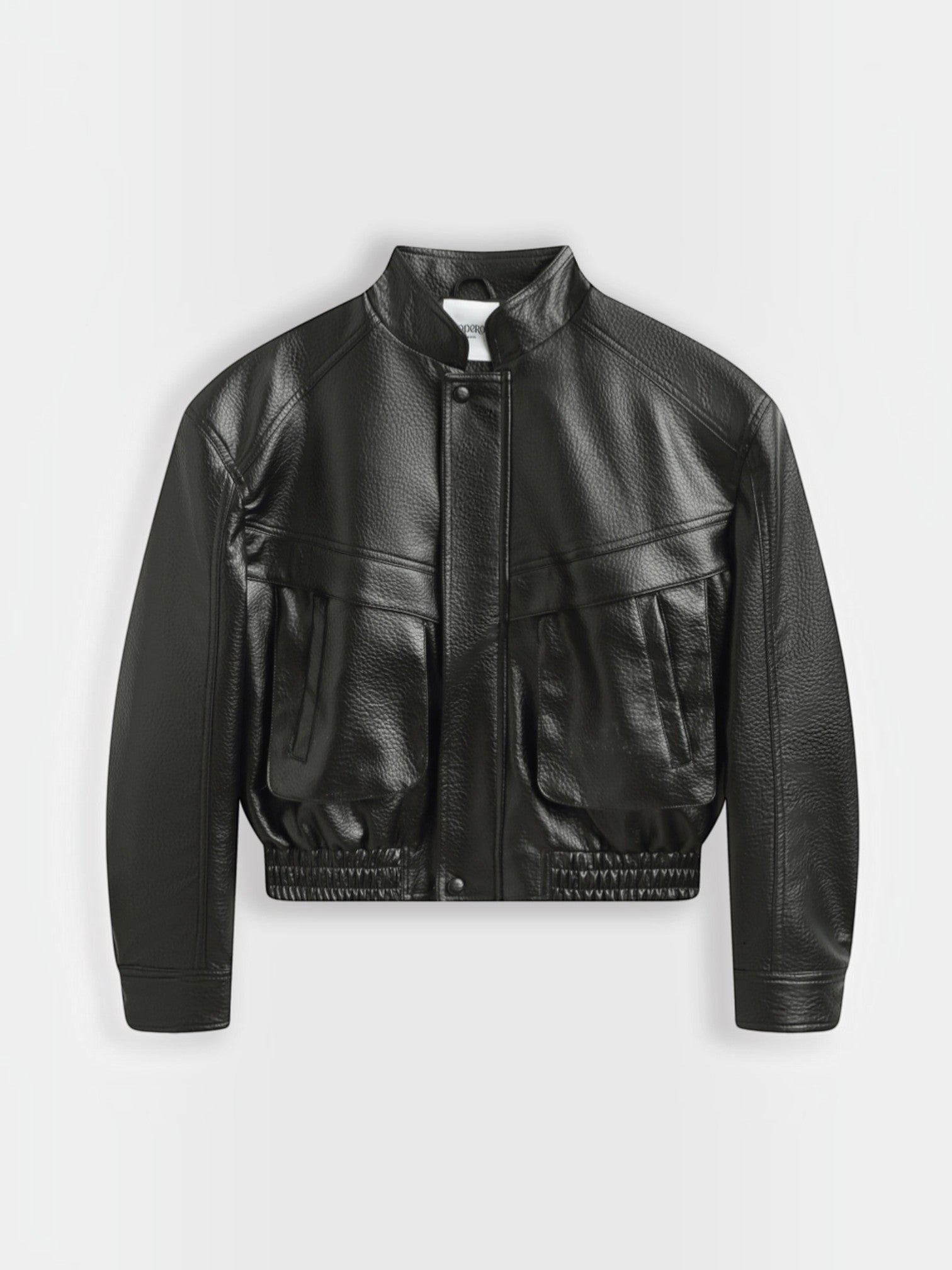 BROCK Copperose black faux leather cropped jacket with structured shoulders, mandarin collar, and flap pockets.
