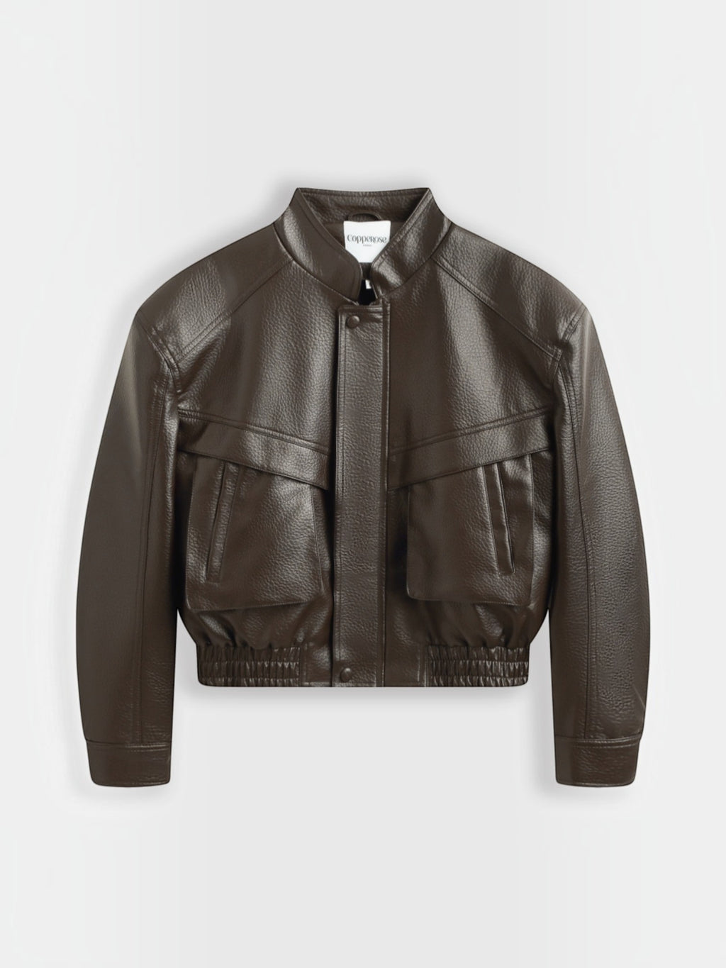 BROCK Copperose chocolate brown faux leather cropped jacket with structured shoulders, mandarin collar, and pockets.