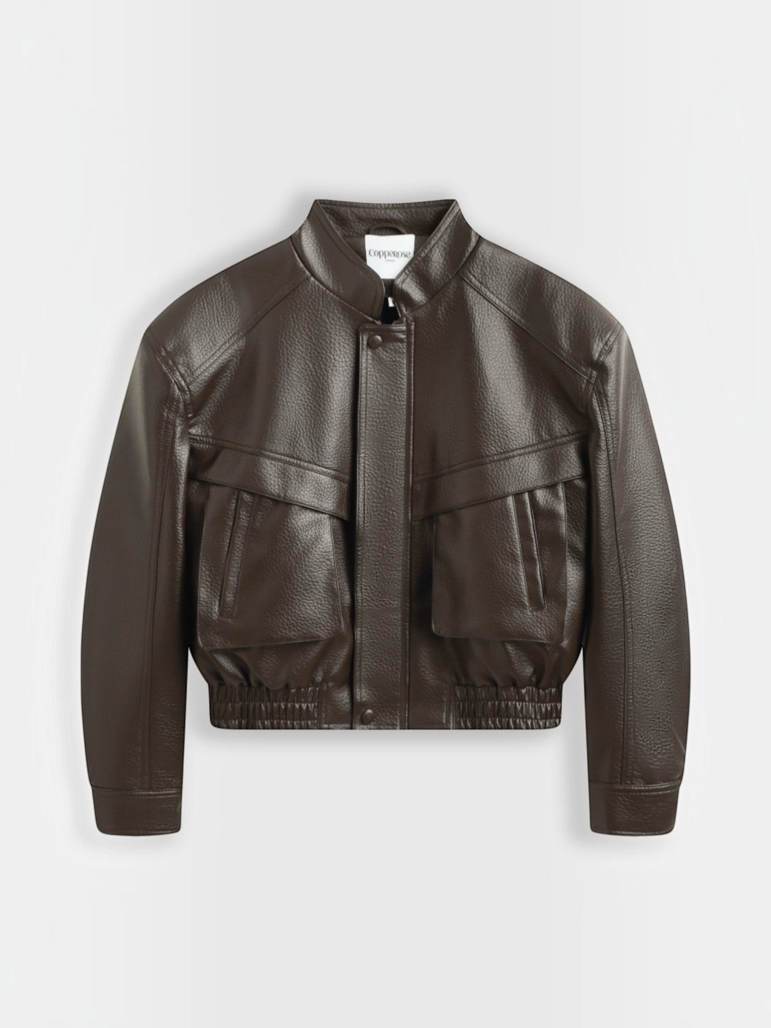 BROCK Copperose chocolate brown faux leather cropped jacket with structured shoulders, mandarin collar, and pockets.