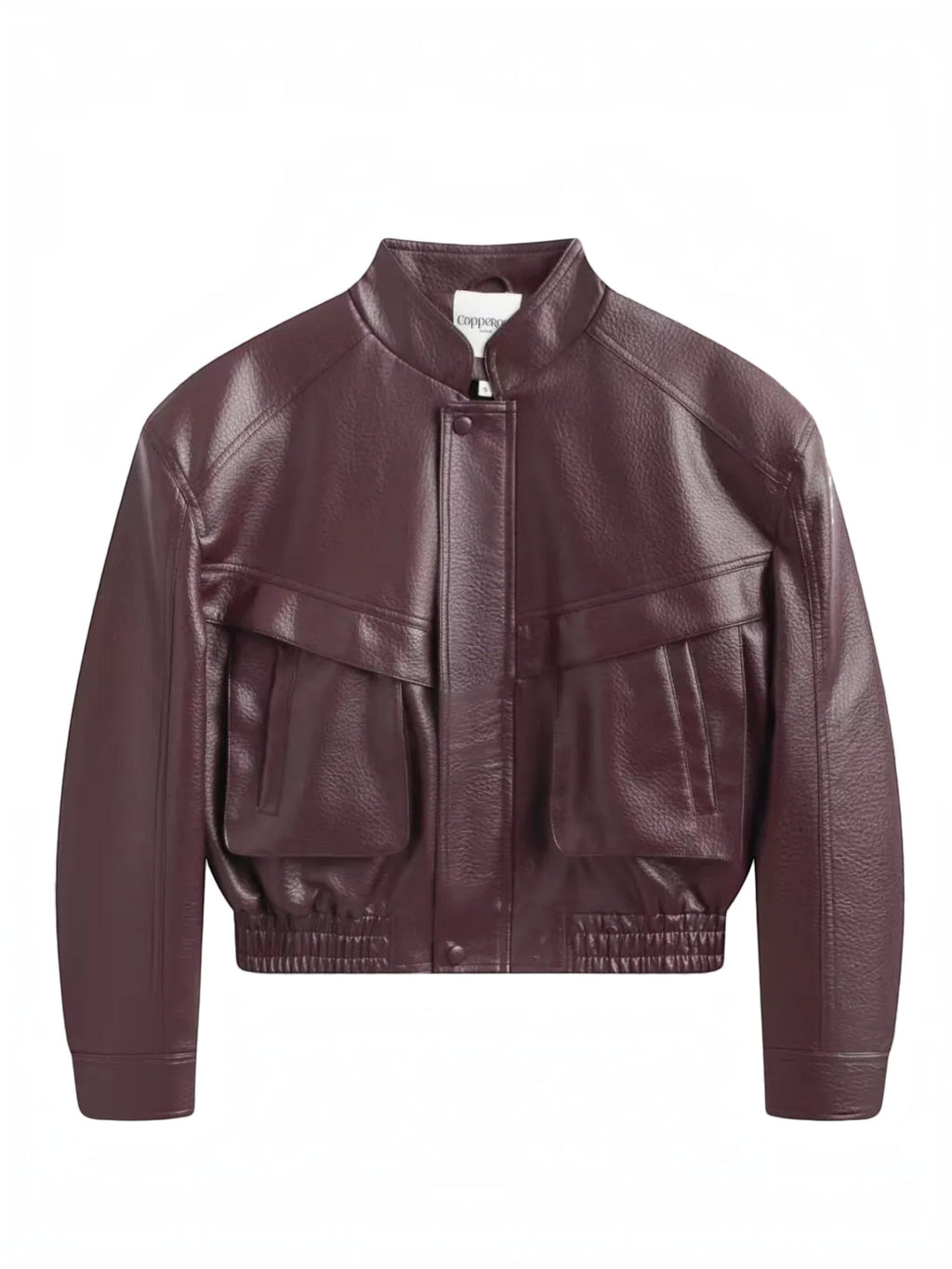 BROCK Copperose burgundy faux leather cropped jacket with structured shoulders, mandarin collar, and flap pockets.