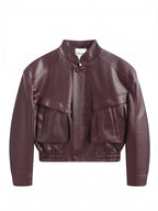 BROCK Copperose burgundy faux leather cropped jacket with structured shoulders, mandarin collar, and flap pockets.