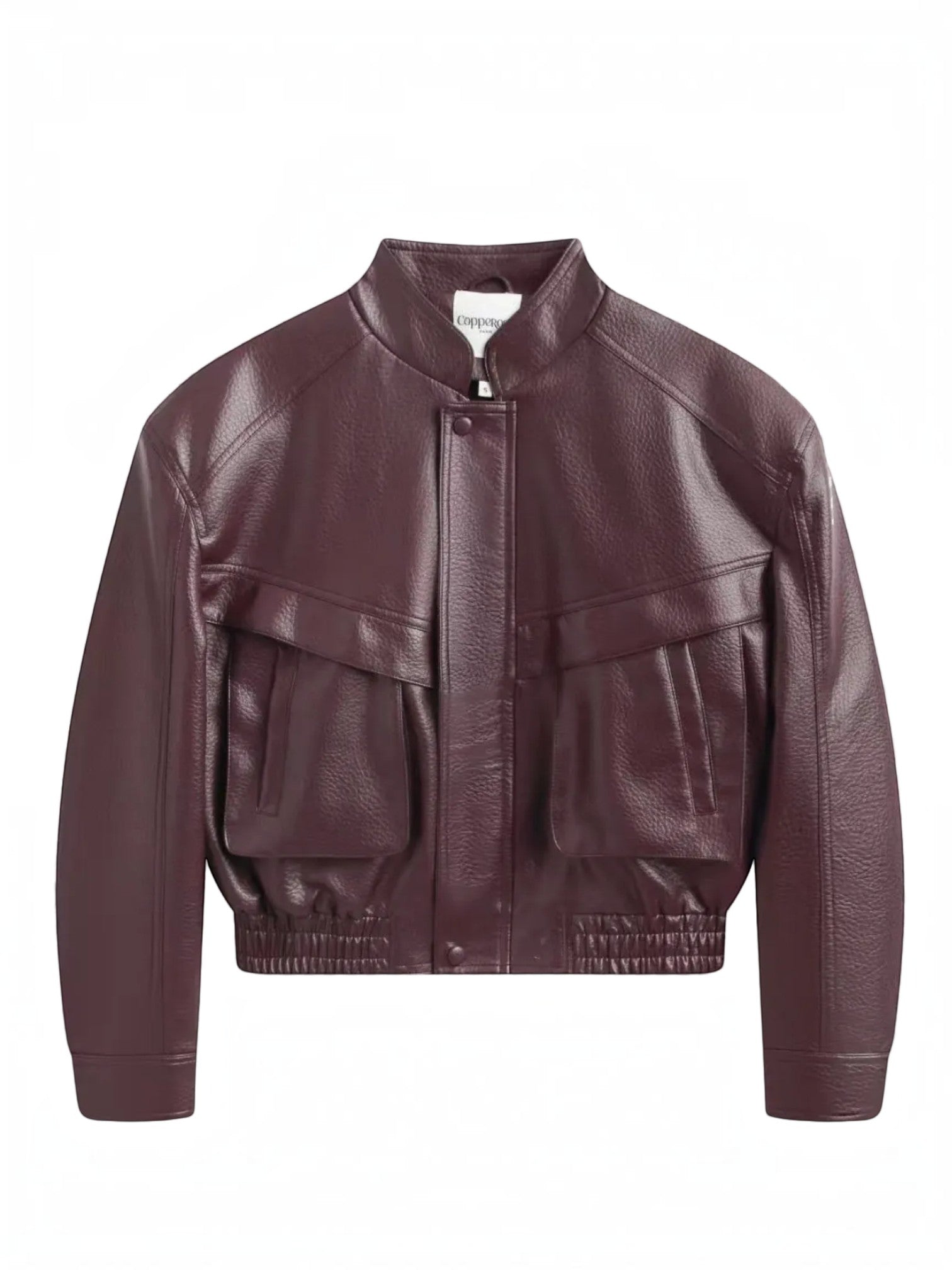 BROCK Copperose burgundy faux leather cropped jacket with structured shoulders, mandarin collar, and flap pockets.