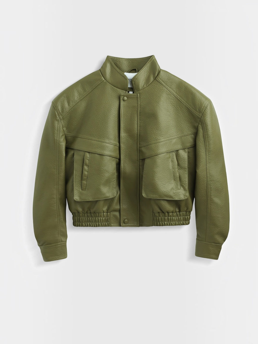 BROCK Copperose cropped olive green faux leather jacket with structured shoulders, mandarin collar, and flap pockets.