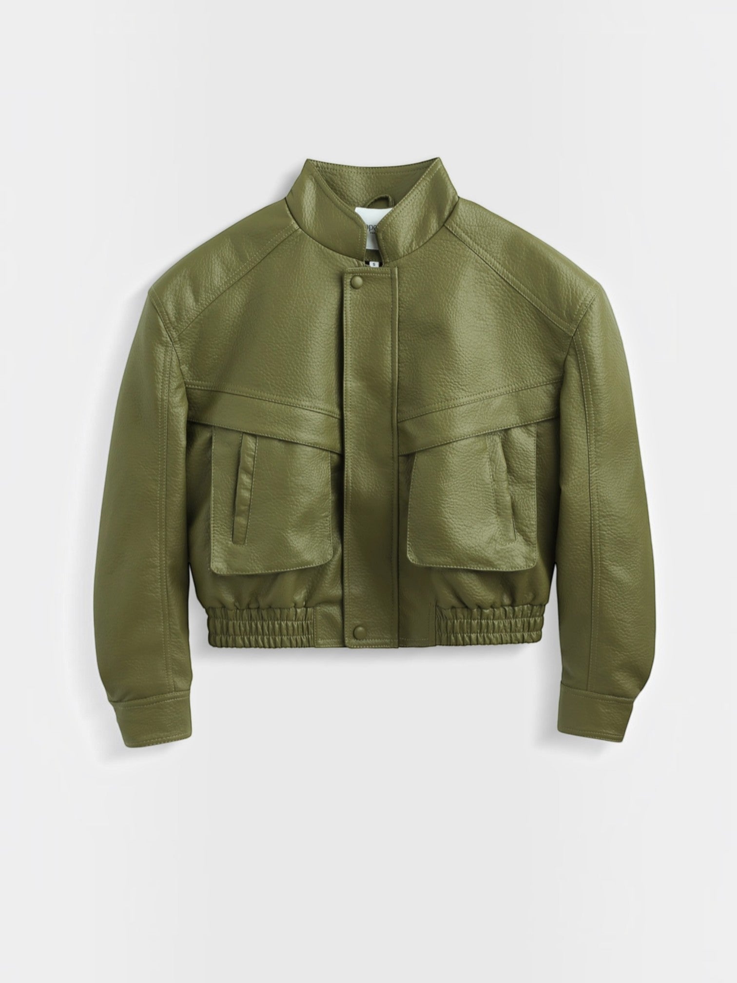 BROCK Copperose cropped olive green faux leather jacket with structured shoulders, mandarin collar, and flap pockets.