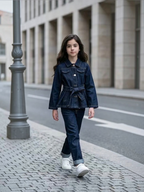 Young girl wearing a BROCK dark blue denim jacket with a belted waist and matching jeans on a city street.