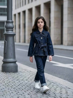 Young girl wearing a BROCK dark blue denim jacket with a belted waist and matching jeans on a city street.
