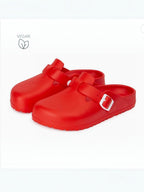 BROCK Desalia red vegan EVA clogs with adjustable white buckle strap and ergonomic antibacterial sole