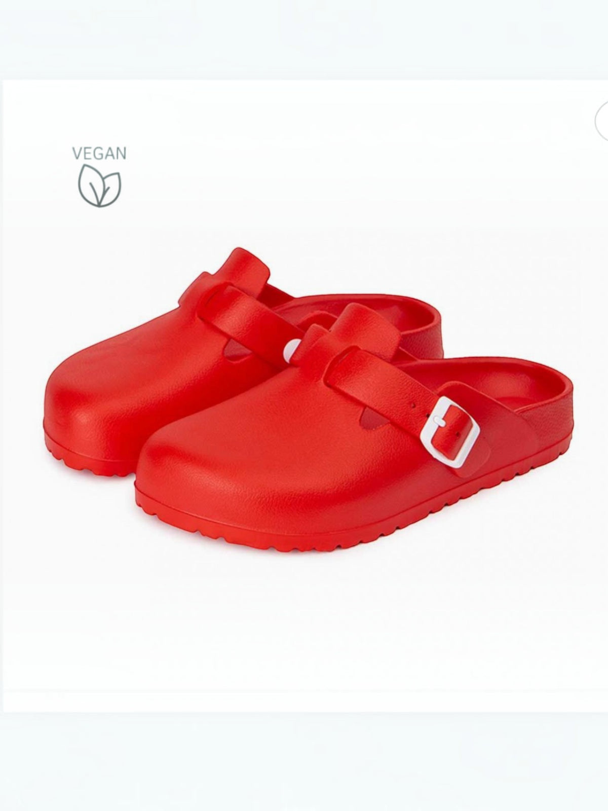 BROCK Desalia red vegan EVA clogs with adjustable white buckle strap and ergonomic antibacterial sole