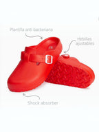 BROCK Desalia red EVA clogs with adjustable buckle, antibacterial insole, and shock-absorbing sole.