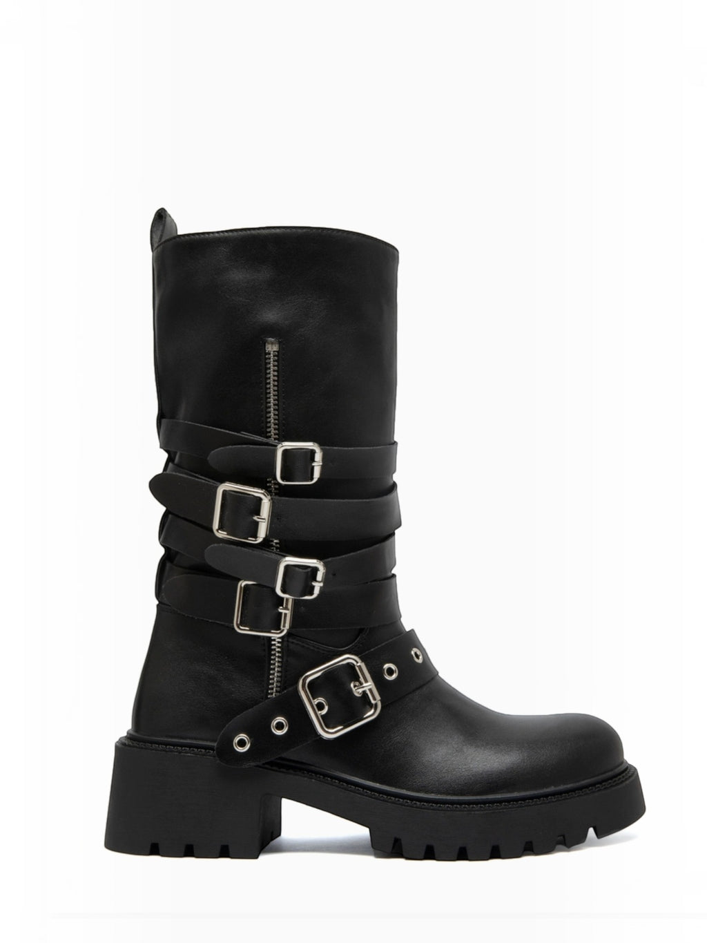 BROCK ERYNN black rock-style flat boots with metallic buckles, adjustable straps, and a thick lug sole.