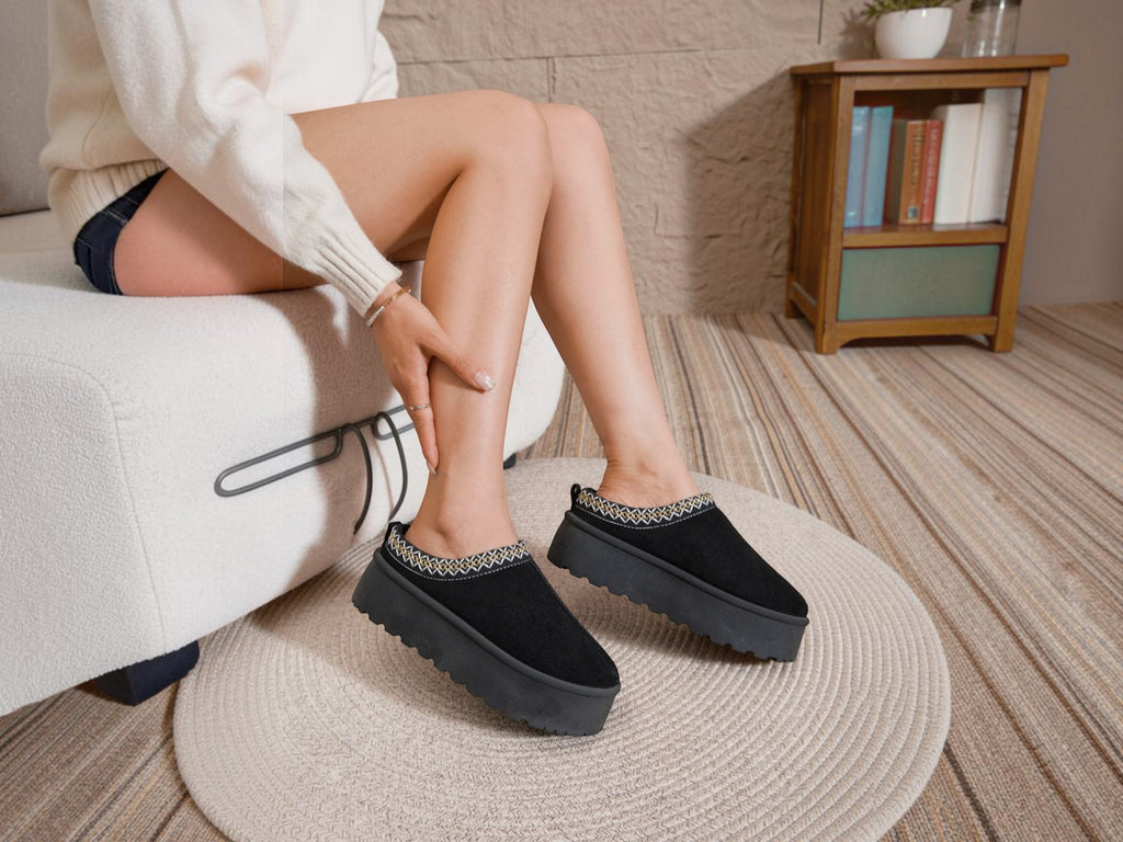 BROCK ERYNN Maria black cocooning ankle boots with geometric patterned trim and thick cushioned platform soles