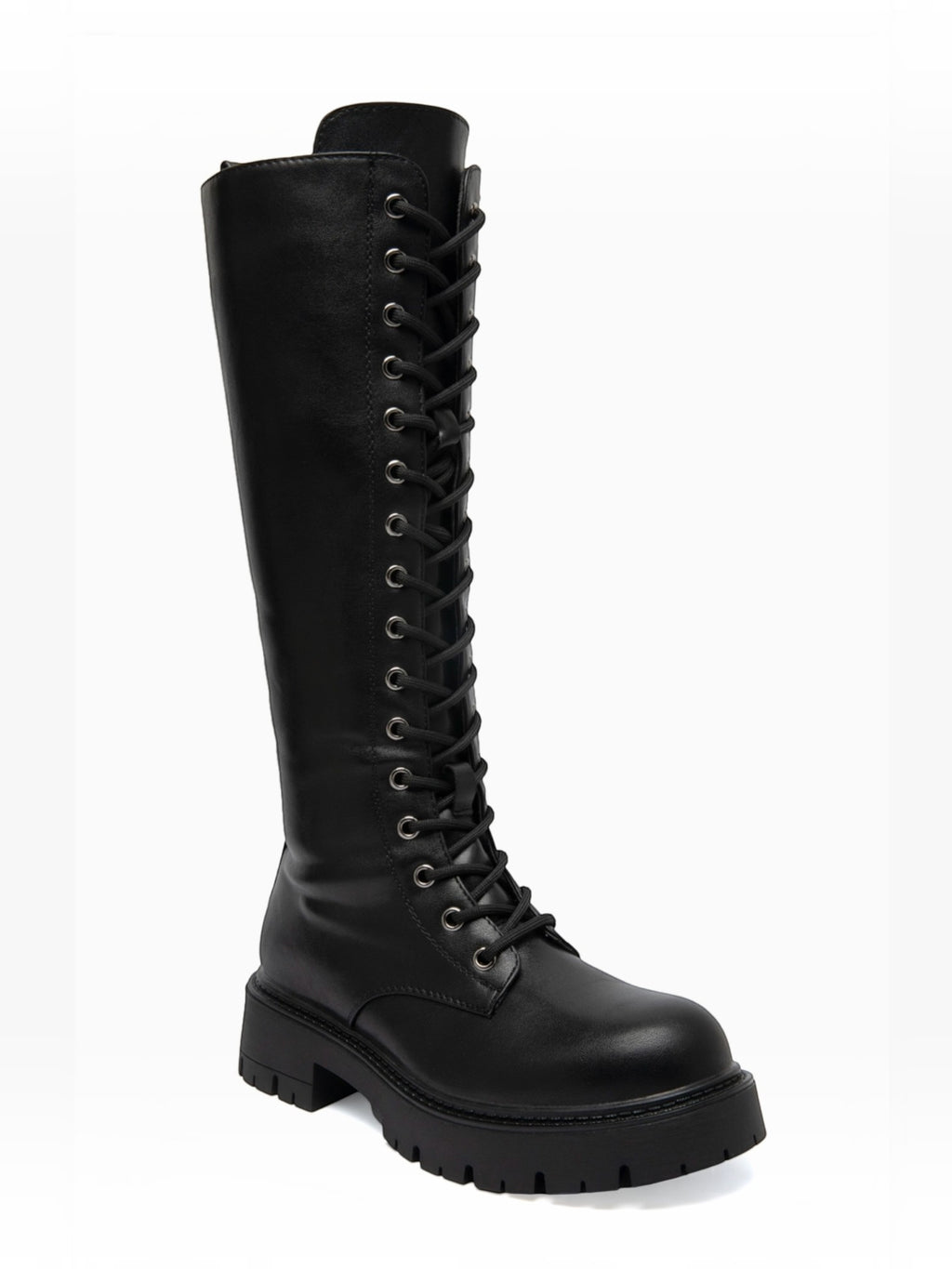 BROCK ERYNN black knee-high lace-up boots with metal eyelets and a thick lug sole for a rock-inspired winter look.