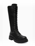 BROCK ERYNN black knee-high lace-up boots with metal eyelets and a thick lug sole for a rock-inspired winter look.