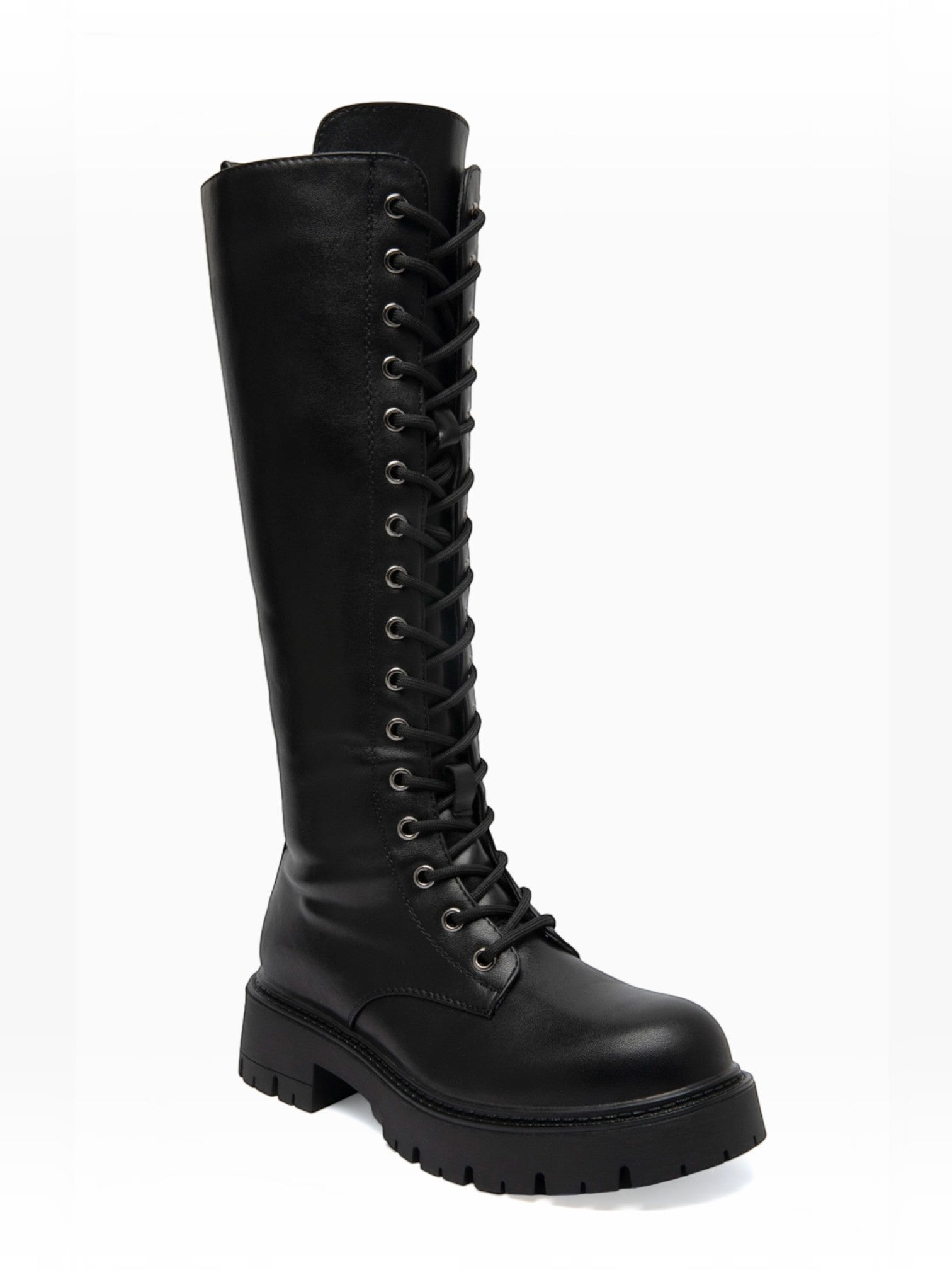 BROCK ERYNN black knee-high lace-up boots with metal eyelets and a thick lug sole for a rock-inspired winter look.