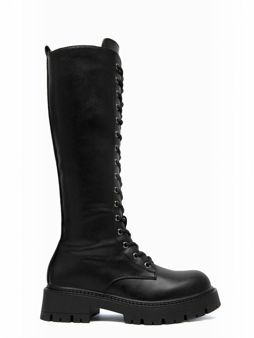 BROCK ERYNN black knee-high lace-up boots with metal eyelets and a thick lug sole for a rock-inspired winter look.