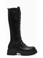 BROCK ERYNN black knee-high lace-up boots with metal eyelets and a thick lug sole for a rock-inspired winter look.