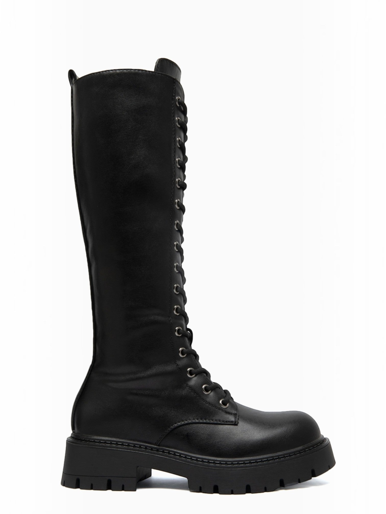 BROCK ERYNN black knee-high lace-up boots with metal eyelets and a thick lug sole for a rock-inspired winter look.