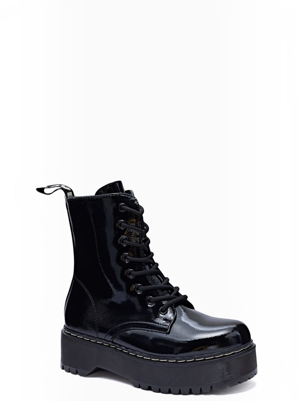 BROCK ERYNN Charlee black patent combat boots with lace-up front, side zip, and chunky platform lug sole