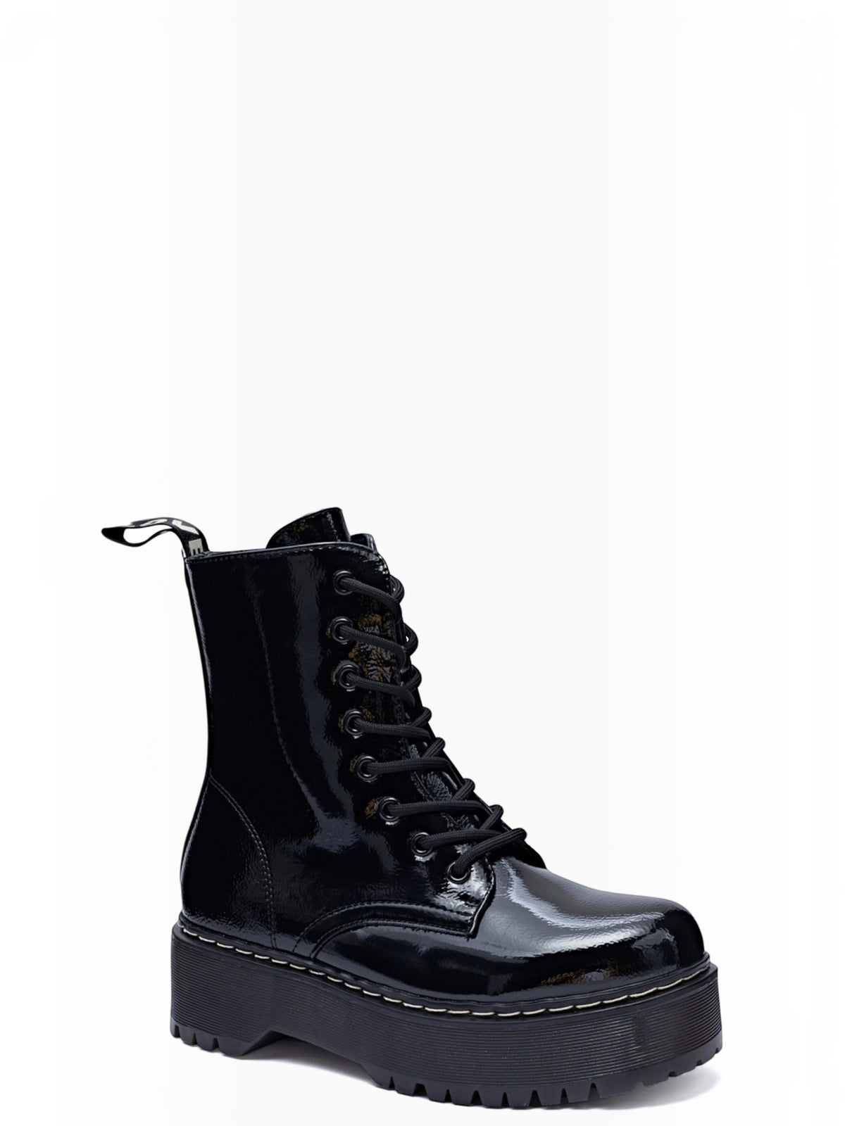 BROCK ERYNN Charlee black patent combat boots with lace-up front, side zip, and chunky platform lug sole