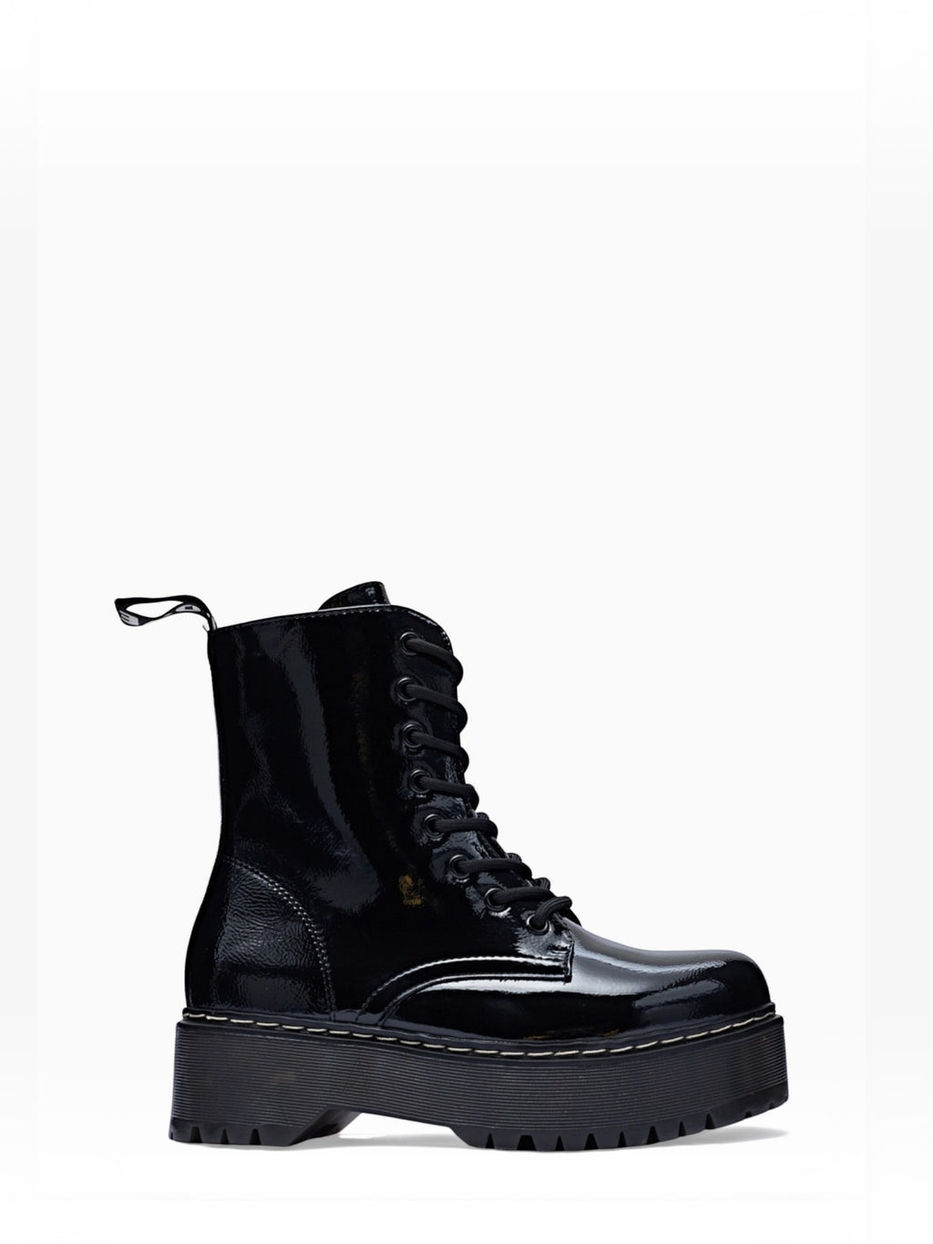 BROCK ERYNN black patent combat boots with platform lug sole, lace-up front, and white contrast stitching.