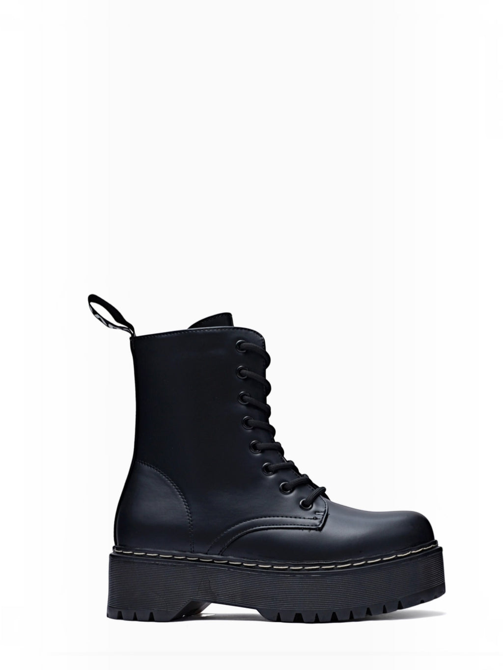 BROCK ERYNN black combat boots with platform lug sole, lace-up front, and white contrast stitching.
