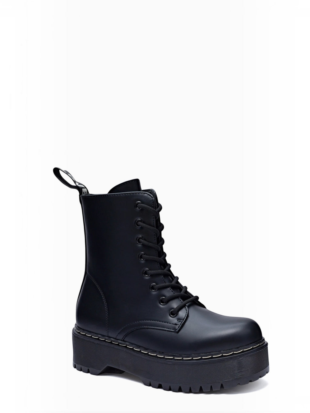 BROCK ERYNN black platform combat boots with lace-up front, side zip, and white contrast stitching on lug sole