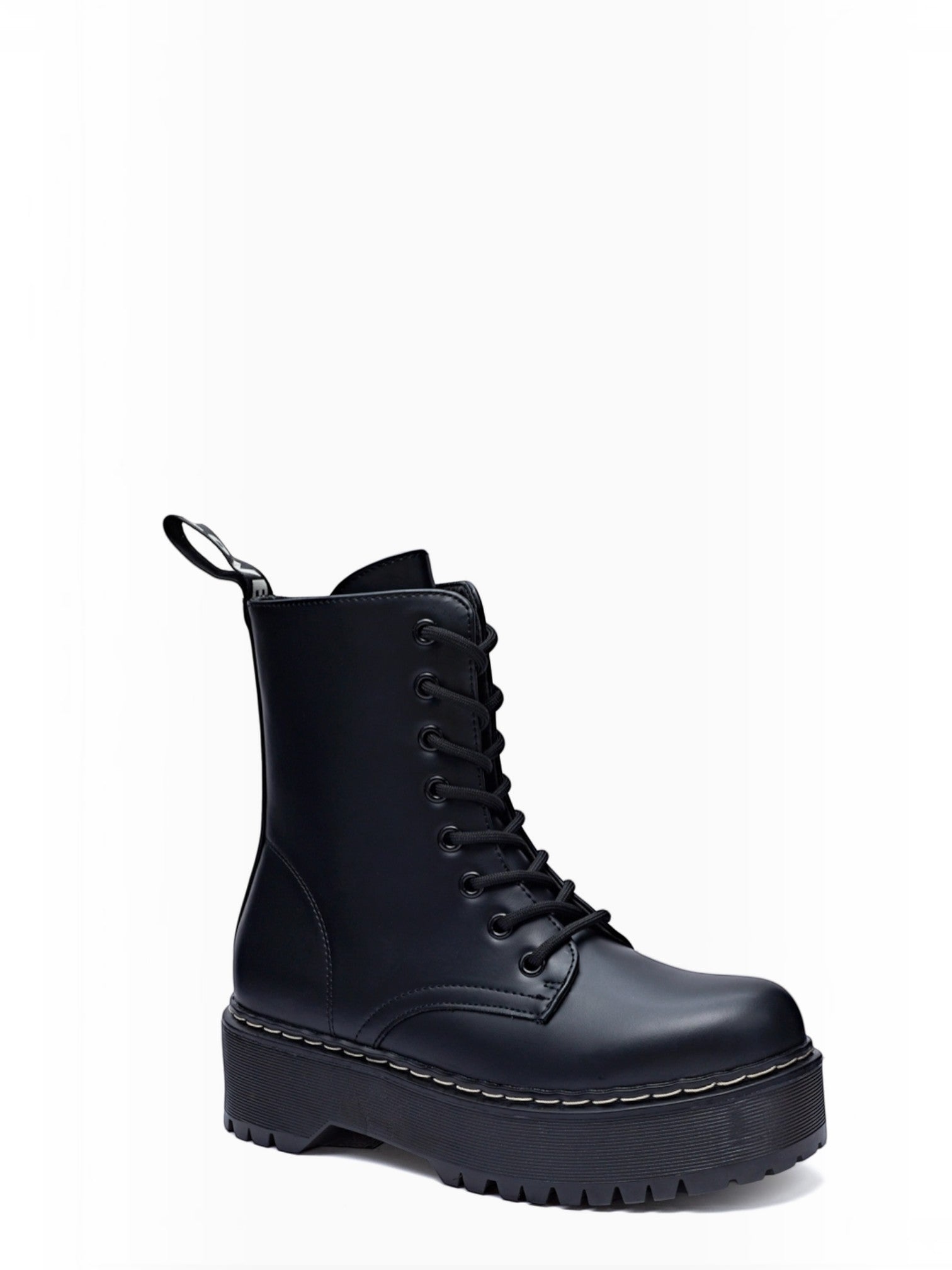 BROCK ERYNN black platform combat boots with lace-up front, side zip, and white contrast stitching on lug sole