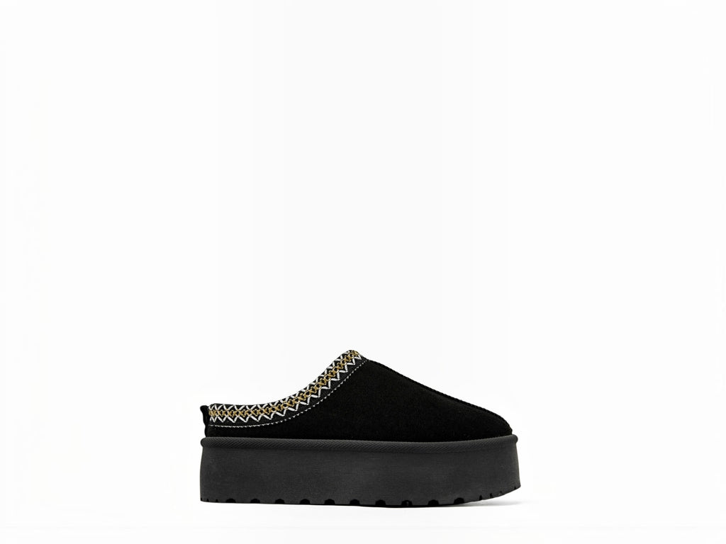 BROCK ERYNN black cocooning slip-on mules with thick platform sole and geometric embroidered trim