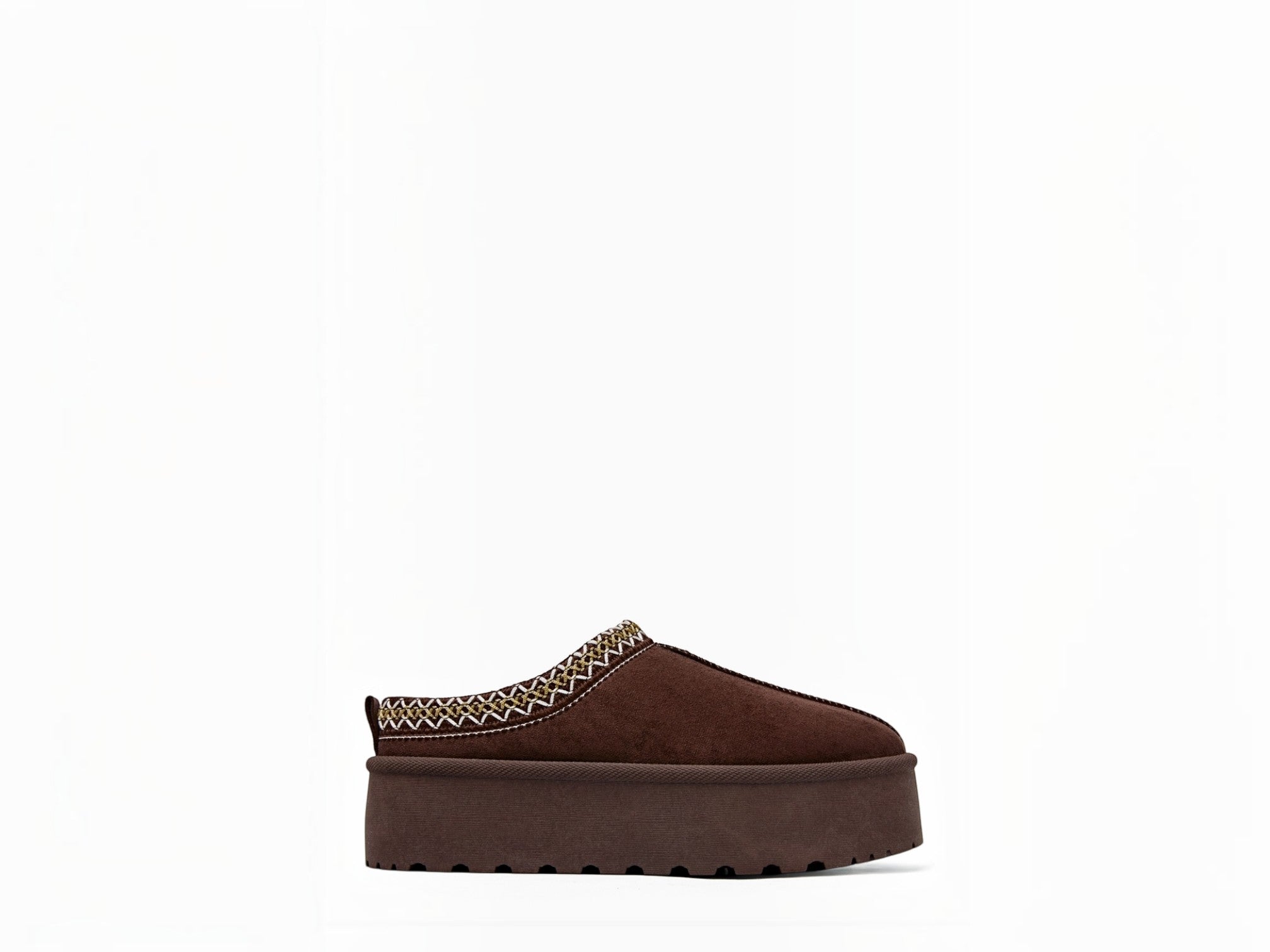 BROCK ERYNN brown suede cocooning mule with a thick platform sole and decorative geometric trim