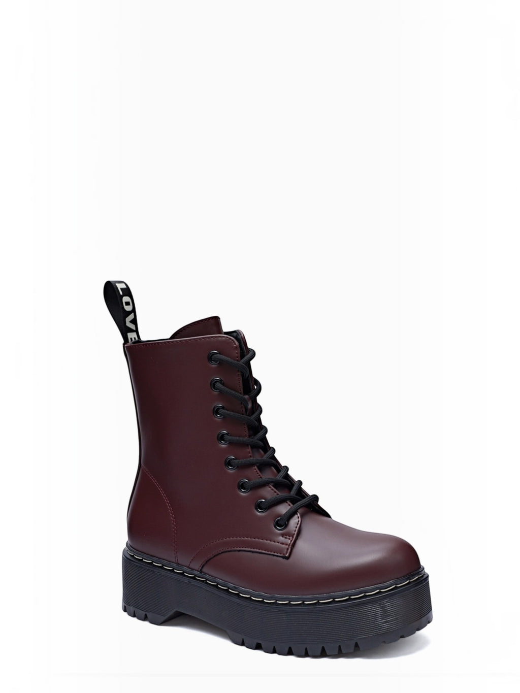 BROCK ERYNN burgundy combat boots with platform lug sole, black laces, and LOVE branded heel pull tab