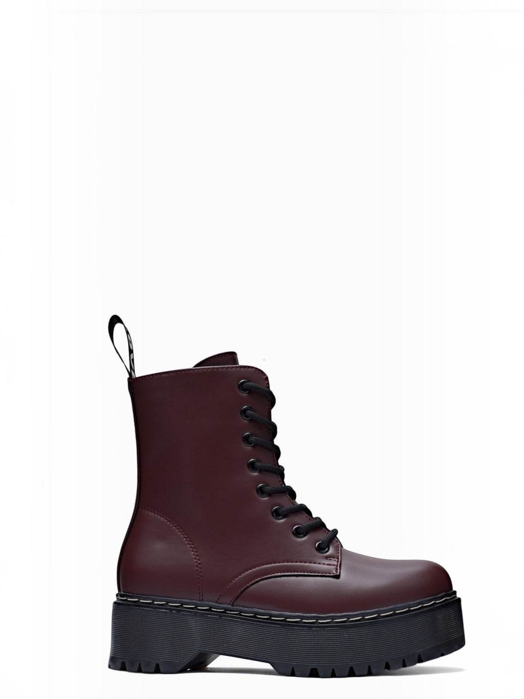 BROCK ERYNN Charlee burgundy combat boots with a chunky platform lug sole and black laces, side view.