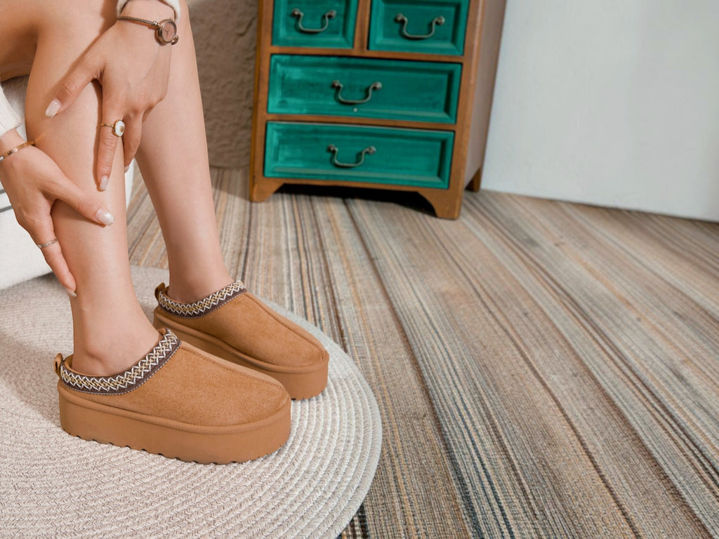 BROCK ERYNN Maria cocooning ankle boots in camel with geometric patterned trim and thick cushioned soles