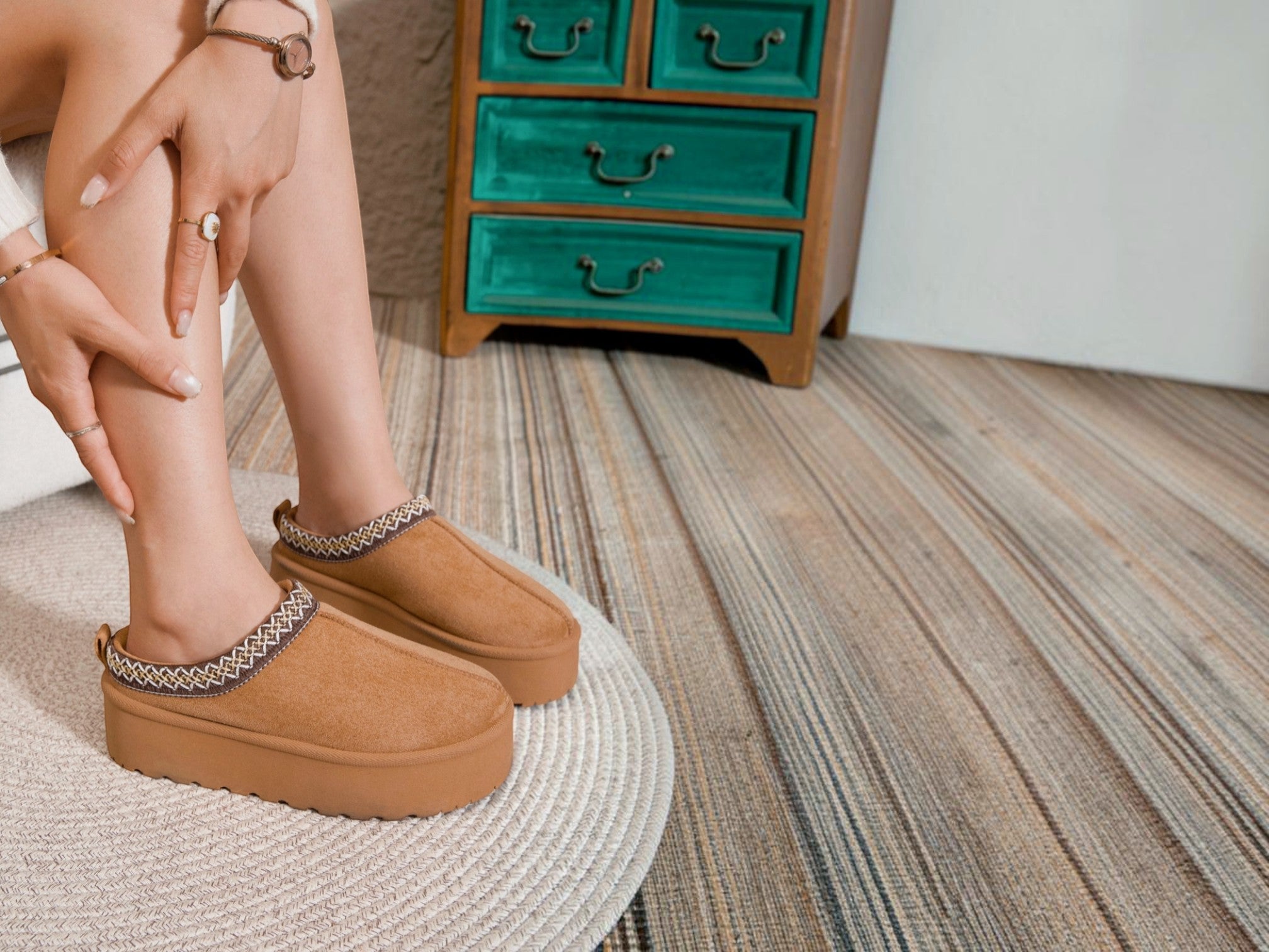 BROCK ERYNN Maria cocooning ankle boots in camel with geometric patterned trim and thick cushioned soles