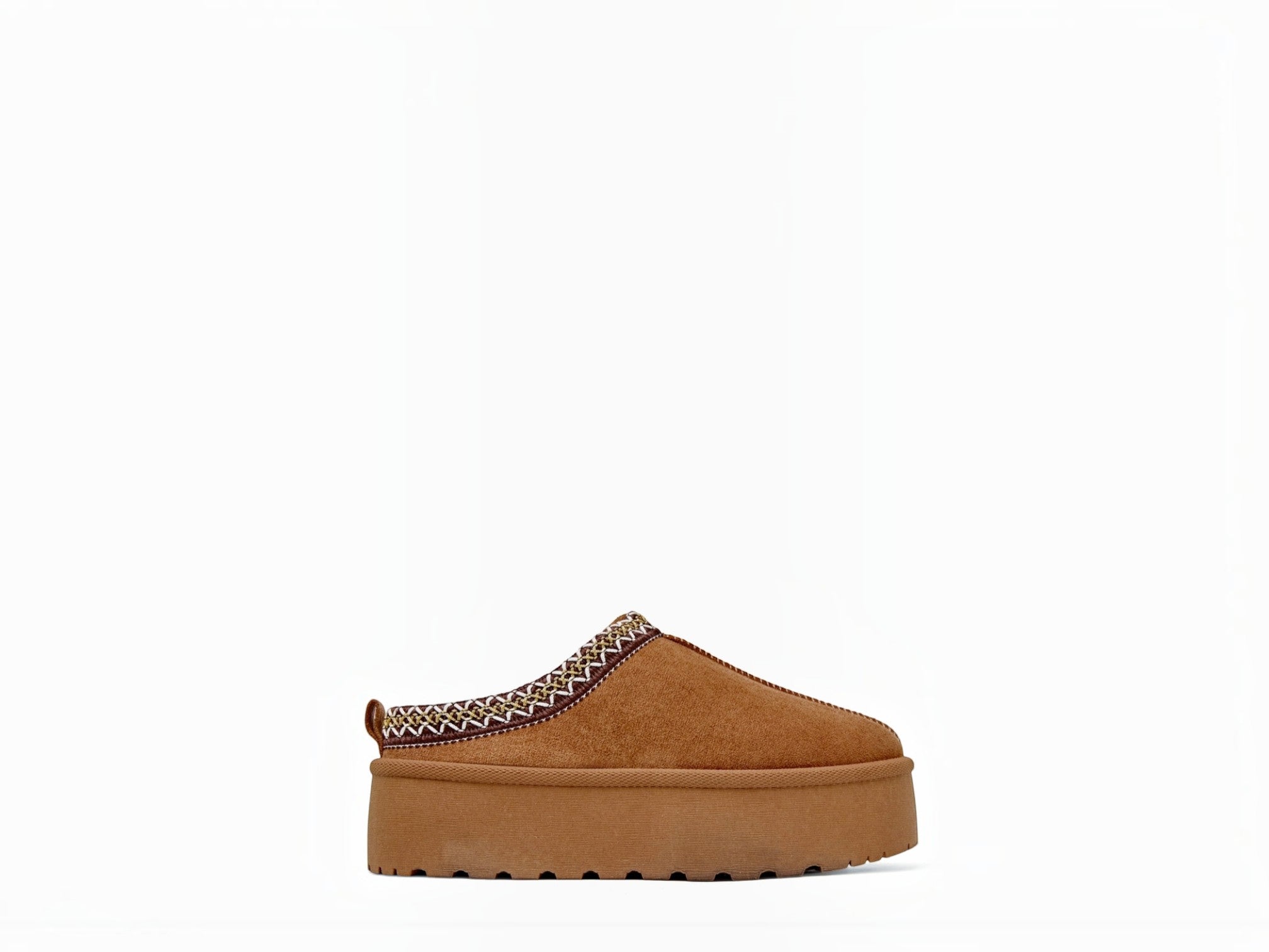 BROCK ERYNN camel suede platform mule with geometric patterned trim and thick cushioned sole for casual comfort