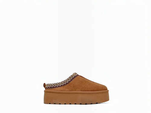 BROCK ERYNN camel suede platform mule with geometric patterned trim and thick cushioned sole for casual comfort