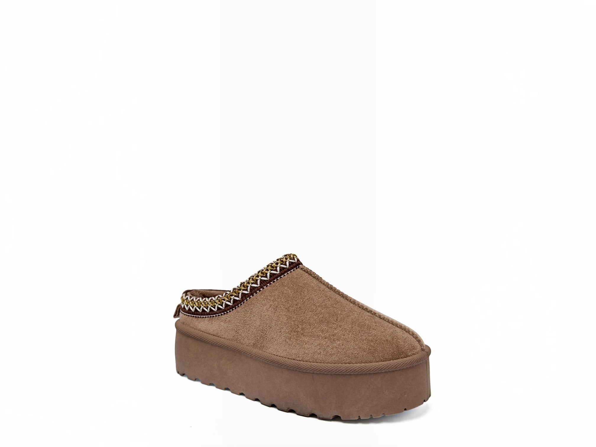 BROCK ERYNN Maria cocooning slip-on ankle boots in taupe suede with a geometric patterned trim and thick platform sole