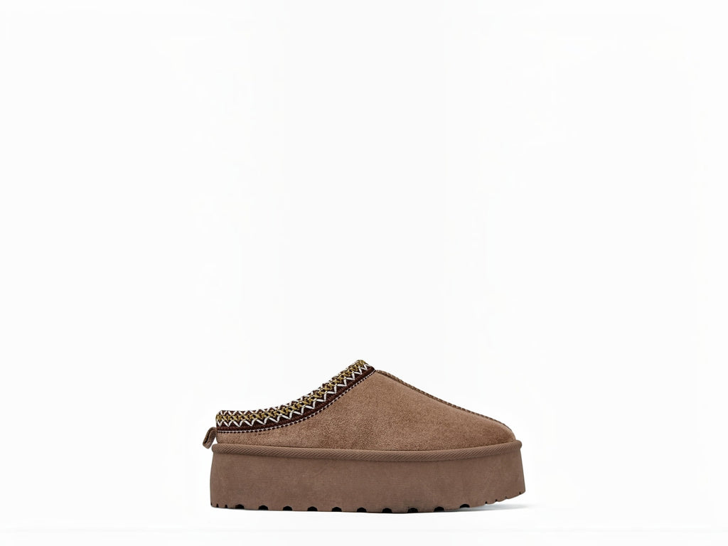 BROCK ERYNN taupe suede cocooning slippers with thick platform sole and geometric patterned trim