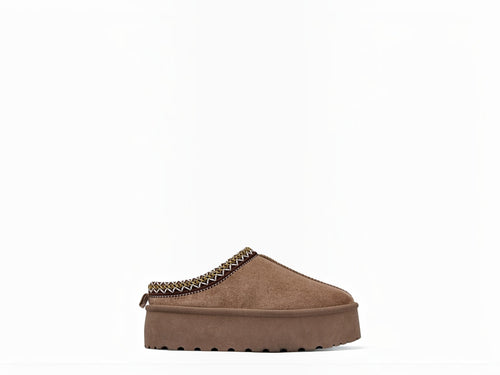 BROCK ERYNN taupe suede cocooning slippers with thick platform sole and geometric patterned trim
