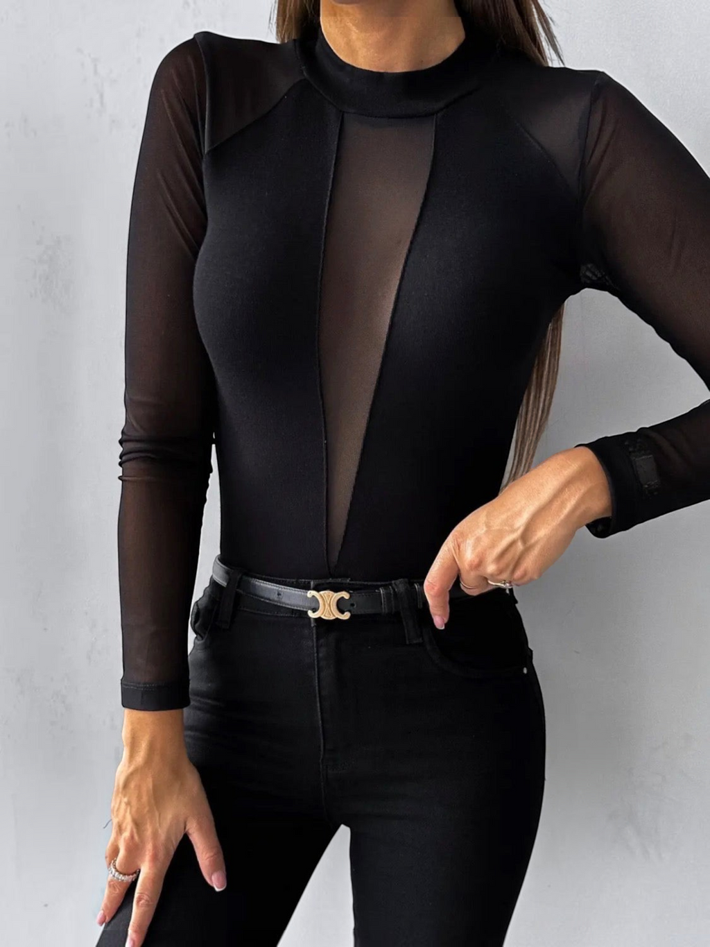 BROCK ESTEE BROWN long sleeve bodysuit with mock neck and sheer mesh panels in black